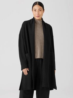 Eileen Fisher Black Boiled Wool Minimalist Classic Chic Long Cardigan Sweater